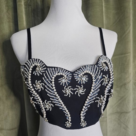 y2k McBling Glam Goth Coastal Summery Formal Pearl Beaded Cropped Halter Top - Picture 13 of 13